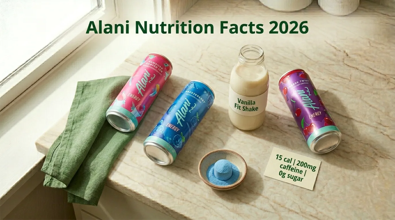 Alani nutrition facts 2026 guide showing energy drinks protein shake and pre-workout powder