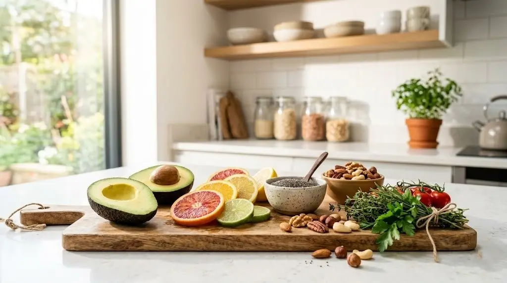 Assortment of fresh whole foods and vitamins representing nutrition knowledge at healthnuro.com
