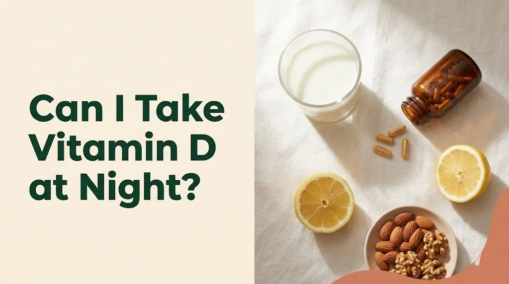Can I take vitamin d at night — supplement bottle with vitamin D capsules beside glass of milk on a cream flat-lay surface