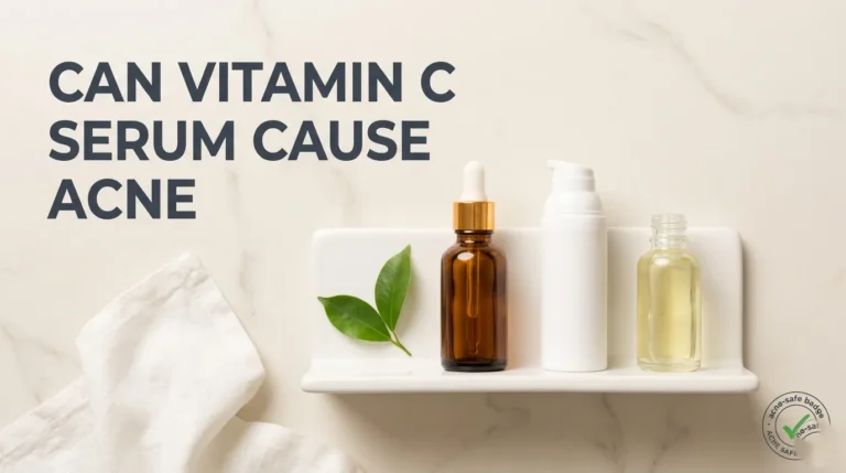 Can vitamin C serum cause acne educational guide with serum bottles and skincare text.