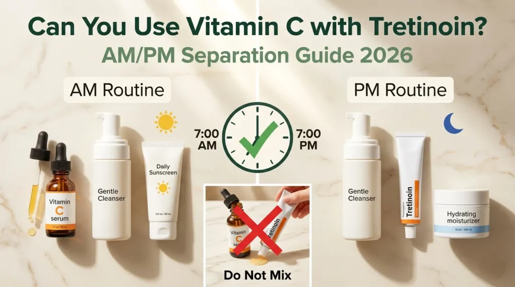 Can you use vitamin C with tretinoin AM PM skincare routine guide with separation clock graphic