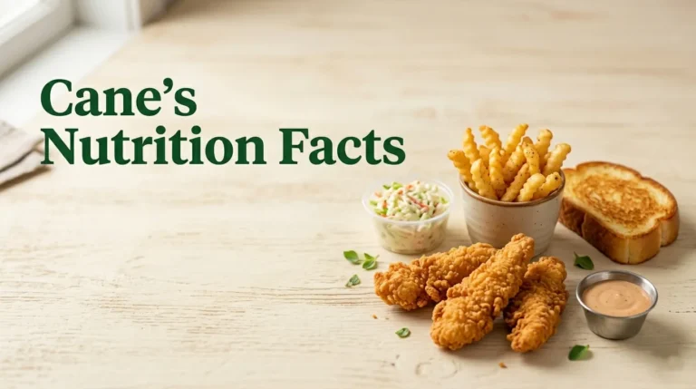 Cane's nutrition facts displayed with chicken fingers, fries, toast and sauce