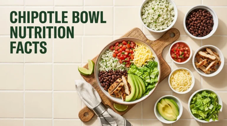 Chipotle bowl nutrition facts guide showing ingredients and calorie breakdown.