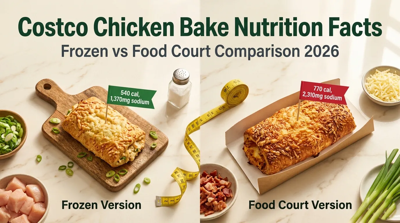Costco chicken bake nutrition facts comparison frozen vs food court versions with calorie and sodium labels