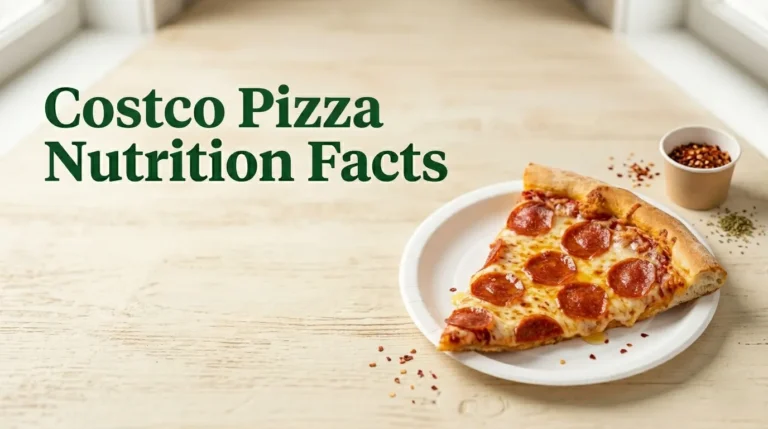 Costco pizza nutrition facts displayed with a single slice of pepperoni pizza