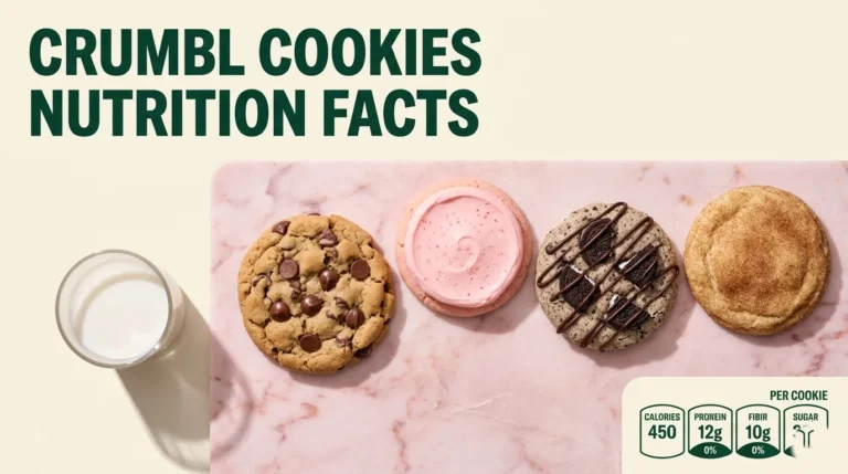 Crumbl Cookies nutrition facts guide showing chocolate chip pink sugar and cookies and cream cookies with calorie information.