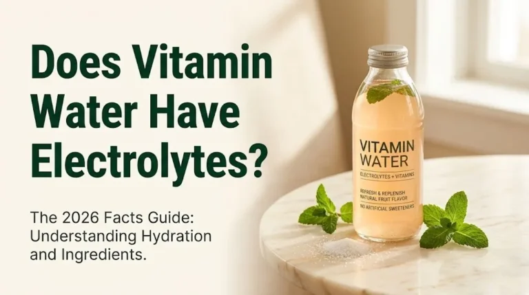Does vitamin water have electrolytes — 2026 guide showing a glass bottle, potassium granules, and electrolyte facts