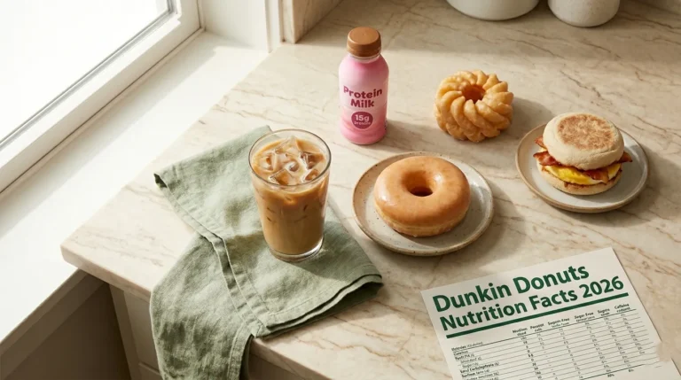 Dunkin Donuts nutrition facts 2026 guide with coffee donuts and Protein Milk