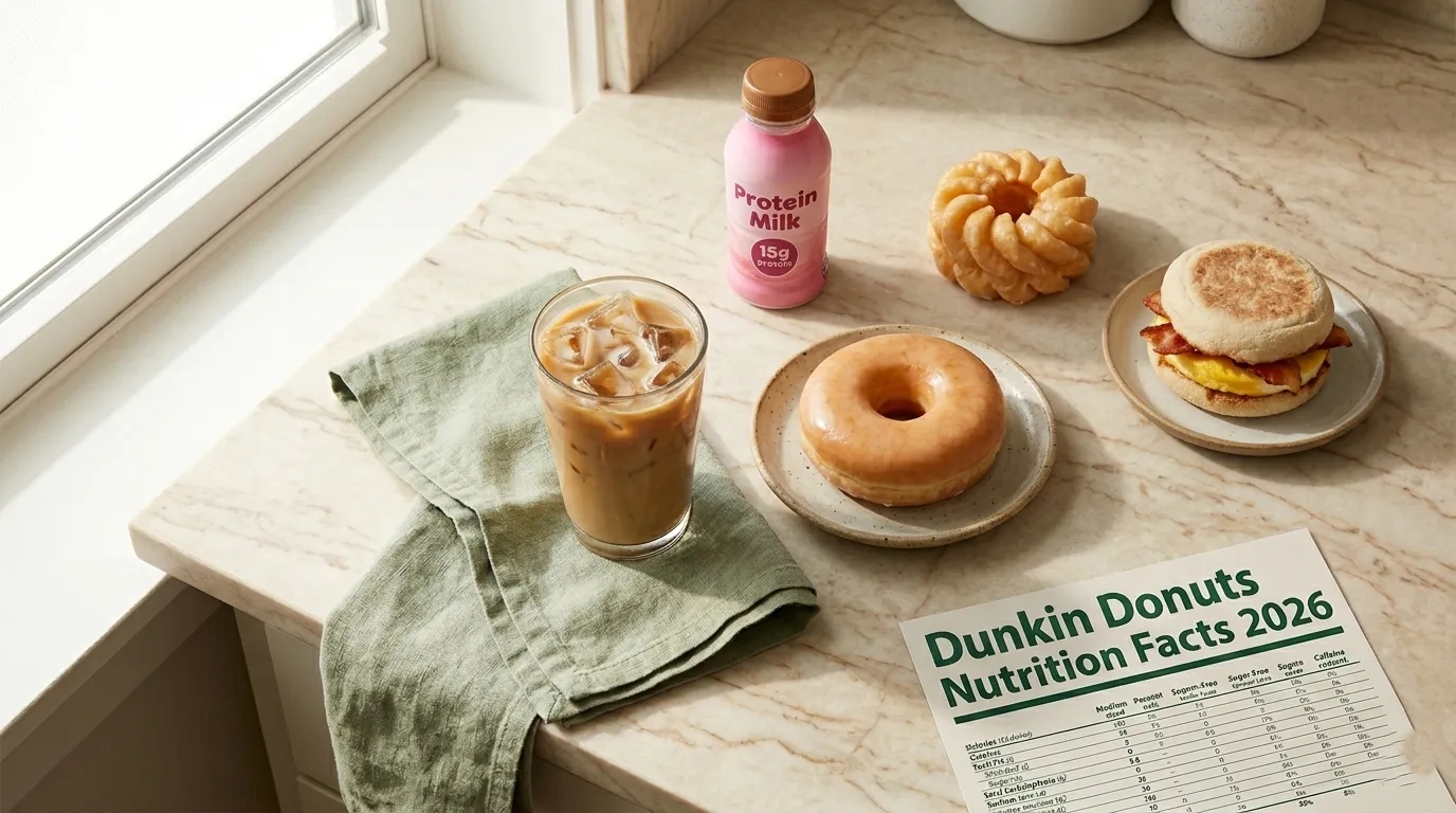 Dunkin Donuts nutrition facts 2026 guide with coffee donuts and Protein Milk