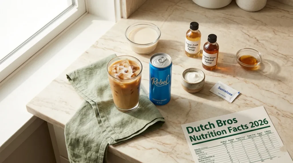 Dutch Bros nutrition facts 2026 guide with almond milk sugar free syrup and Soft Top