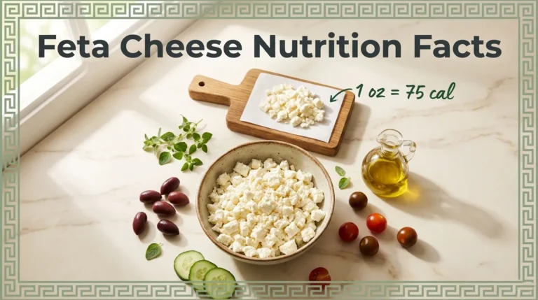 Feta cheese nutrition facts chart with measured portions and fresh Mediterranean ingredients