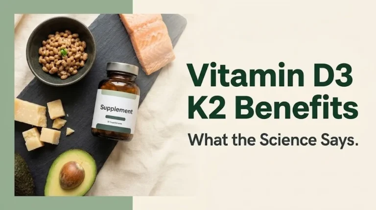 Flat-lay of D3 and K2 food sources including salmon, natto, and cheese illustrating vitamin d3 k2 benefits
