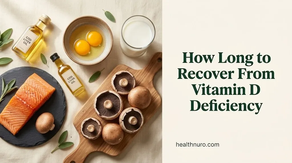 Flat-lay of vitamin D foods including salmon, cod liver oil, eggs, and mushrooms with recovery timeline headline text overlay