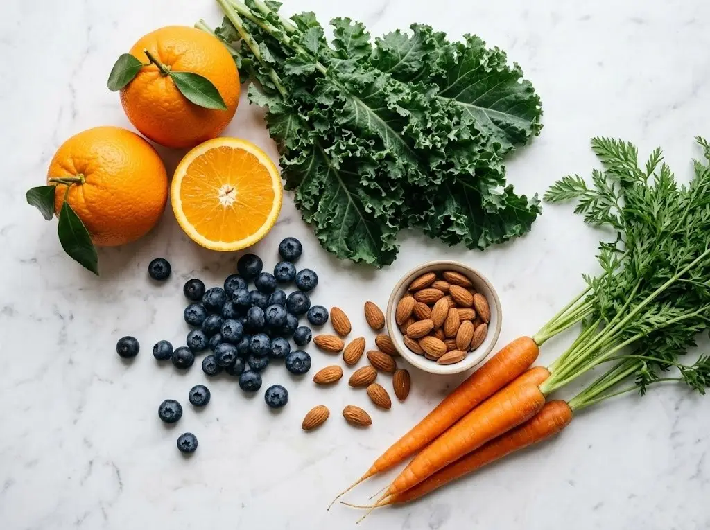 Flat-lay of vitamin-rich whole foods including oranges, leafy greens and berries