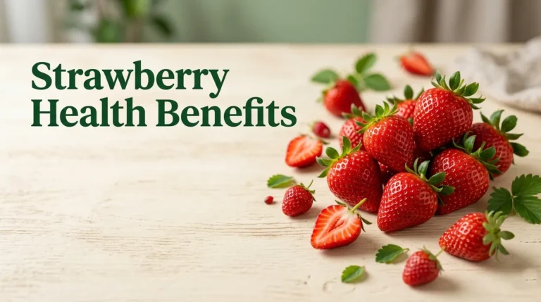 Fresh strawberries on a cream background with Strawberry Health Benefits title text