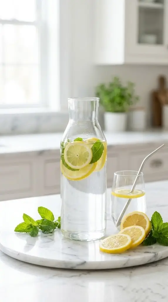 Glass water bottle with fresh lemon slices for daily hydration guidance content