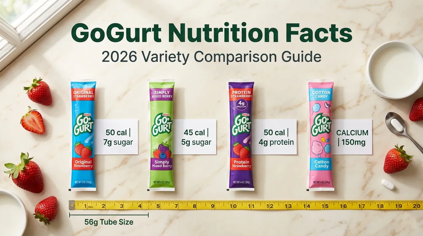 GoGurt nutrition facts comparison chart with original, simply, and protein varieties showing calories and sugar per tube