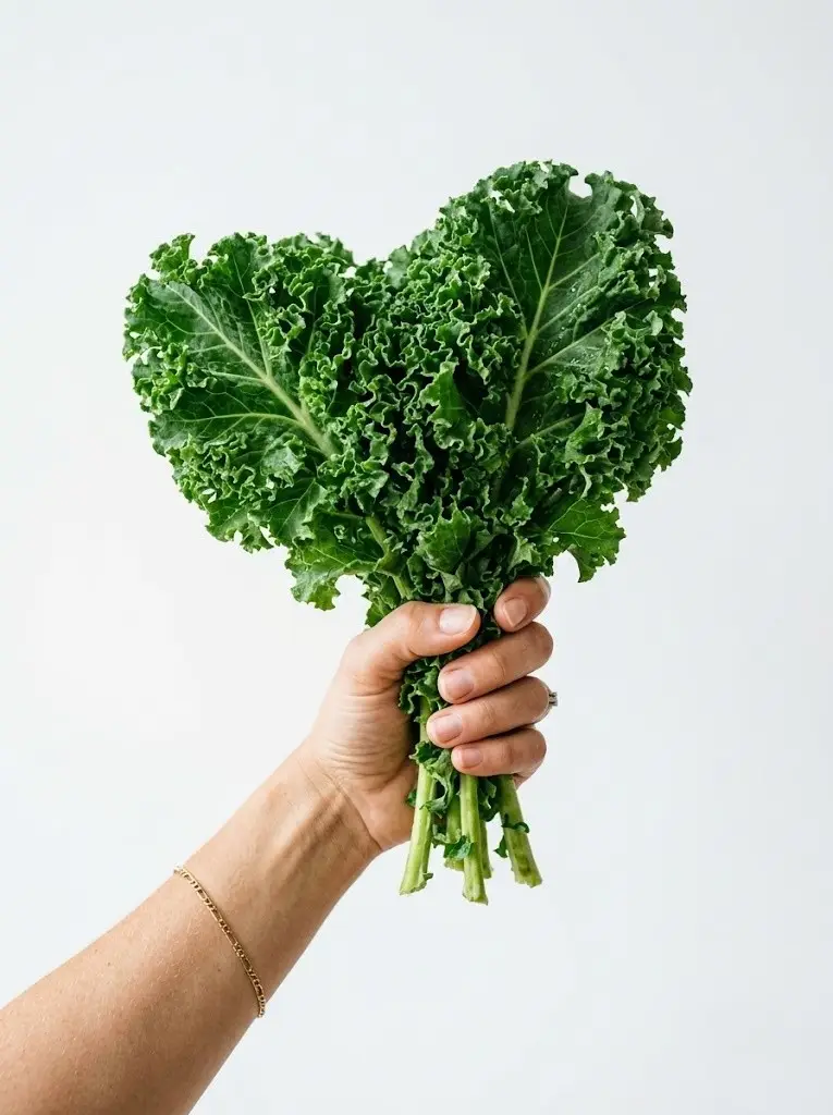 Hand holding fresh kale leaves symbolizing nutrition and health benefits