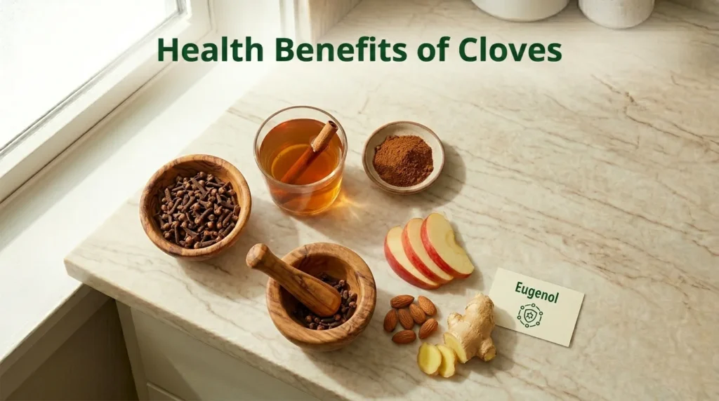 Health benefits of cloves guide showing whole cloves ground cloves and clove tea