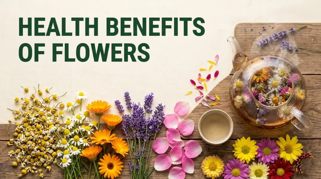 Health benefits of flowers guide with edible flowers and flower tea showing research-based wellness properties.