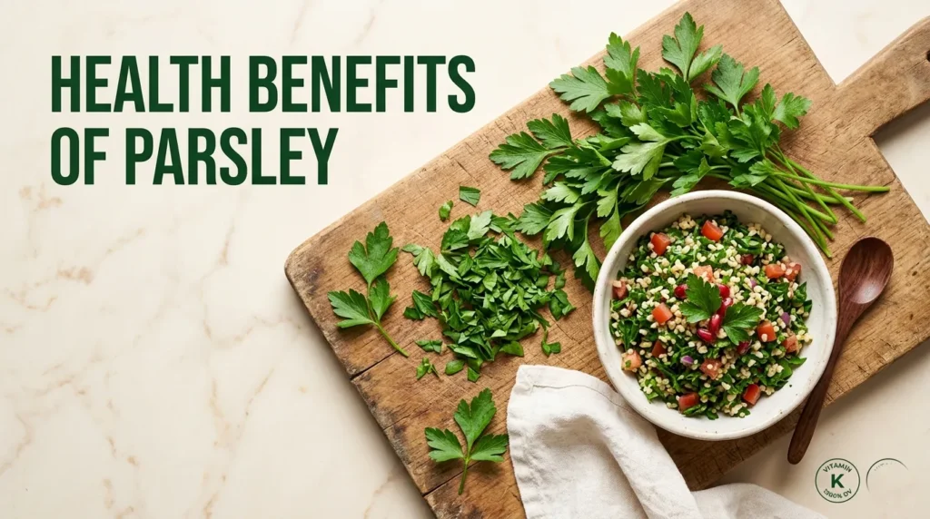 Health benefits of parsley guide with fresh parsley and tabbouleh showing vitamin K and antioxidant properties.