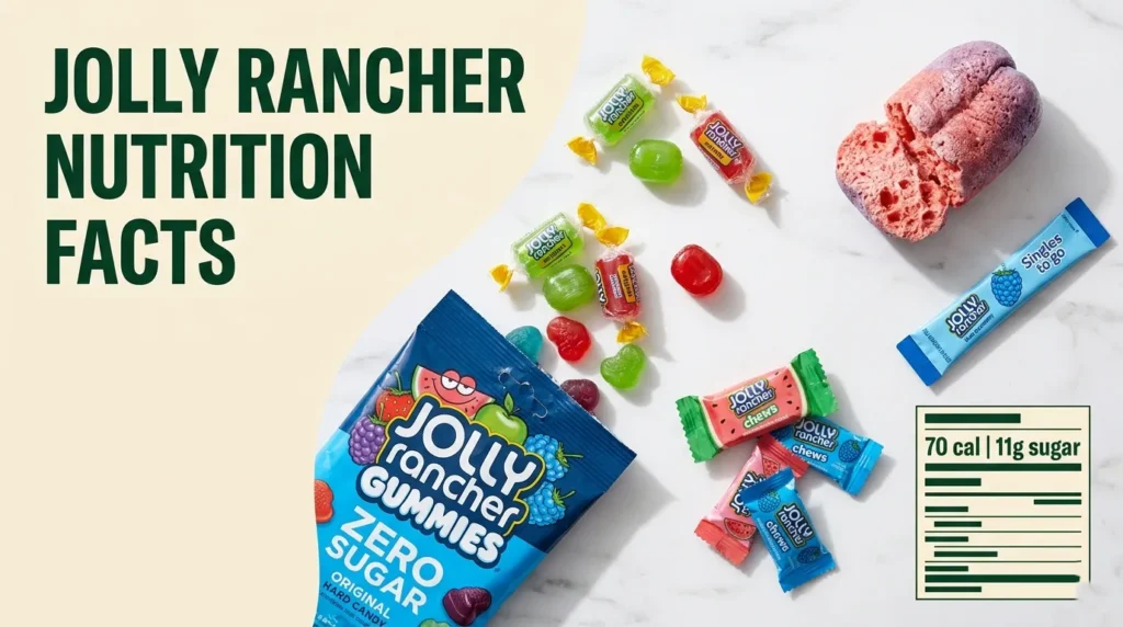 Jolly Rancher nutrition facts guide showing original hard candies zero sugar gummies and chews with calorie and sugar information.