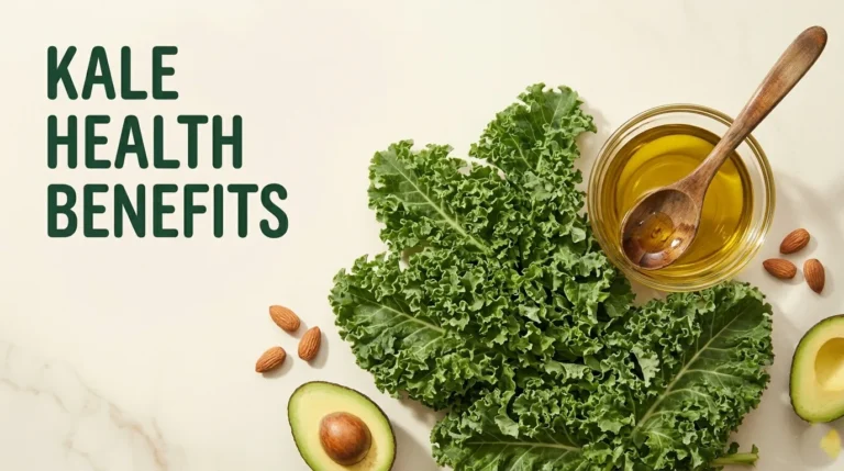 Kale health benefits displayed with fresh kale and olive oil for nutrient absorption