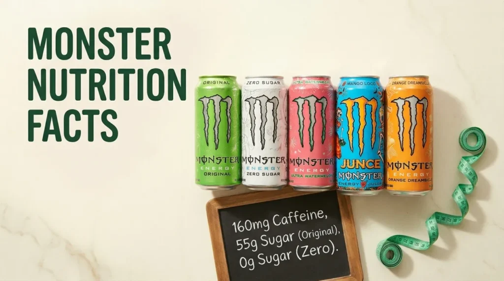 Monster nutrition facts comparison chart with multiple product cans
