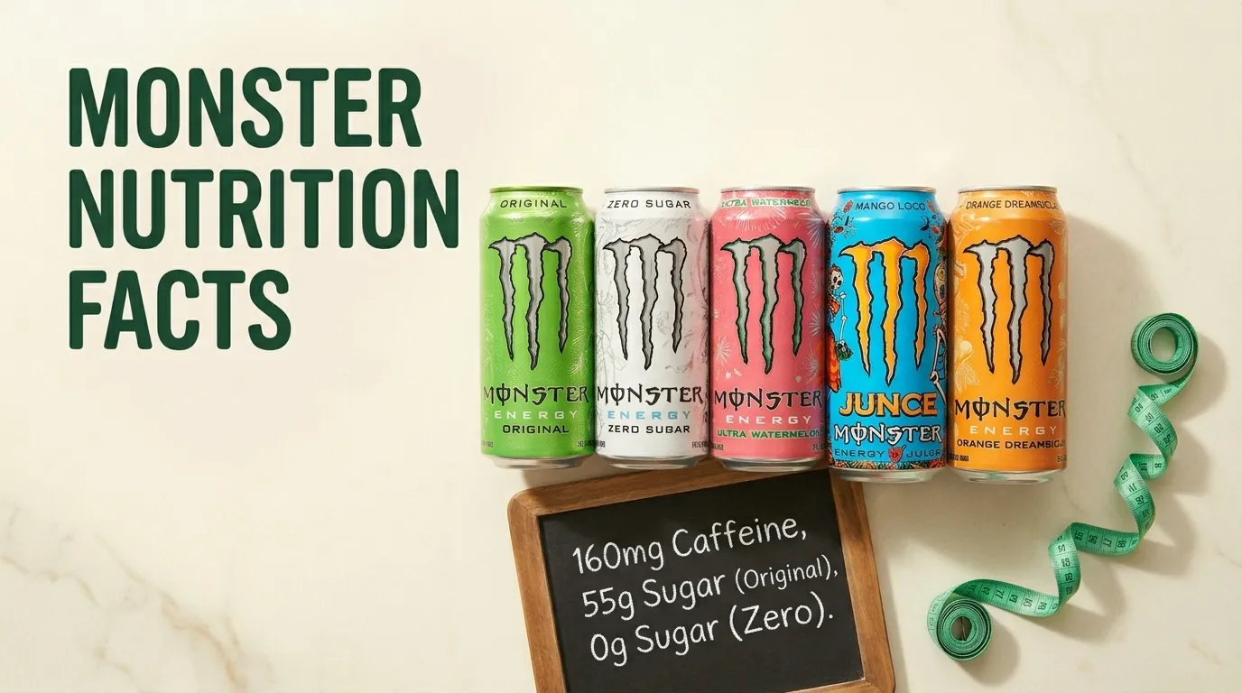Monster nutrition facts comparison chart with multiple product cans