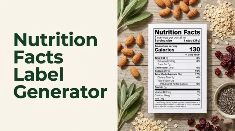 Nutrition facts label generator guide showing an FDA-format nutrition panel with whole food ingredients on a flat-lay background