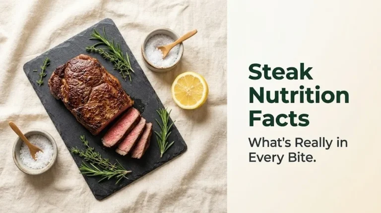 Overhead flat-lay of a seared sirloin steak on slate with herbs and text overlay reading steak nutrition facts