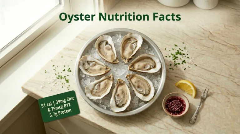 Oyster nutrition facts 2026 guide showing raw oysters with zinc and vitamin B12 information