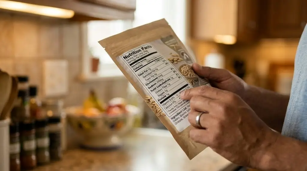Person reading a nutrition facts label on food packaging for health awareness