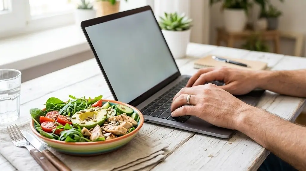 Person reading nutrition facts article on laptop beside a healthy meal