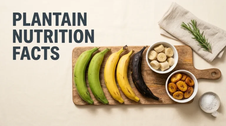 Plantain nutrition facts chart showing green yellow and black plantains with calorie comparisons.