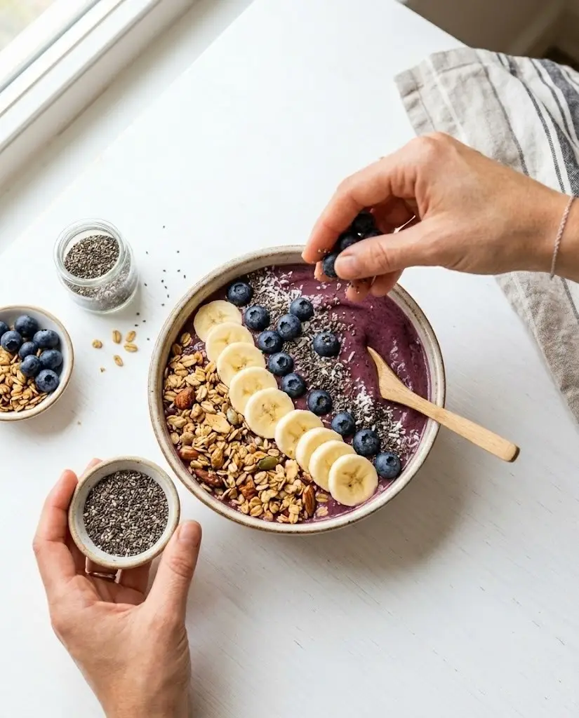Preparing a vitamin-rich smoothie bowl representing healthy nutrition habits