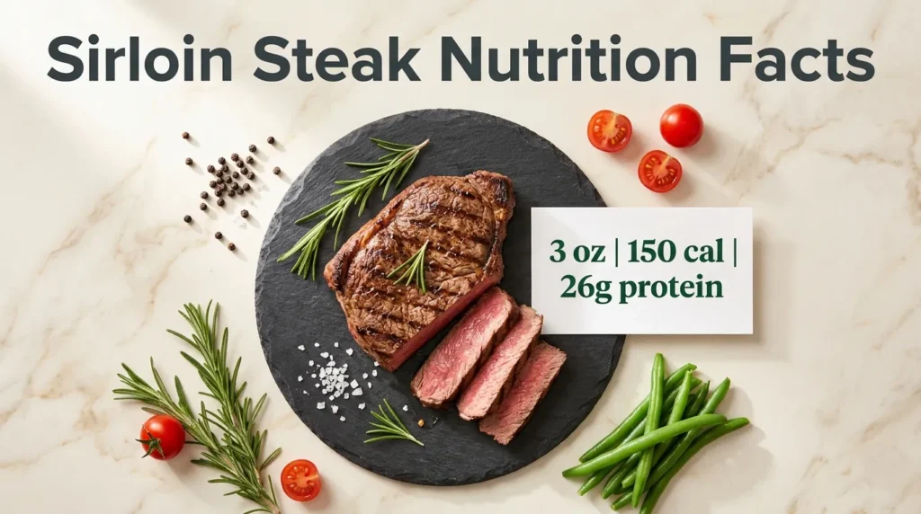 Sirloin steak nutrition facts displayed with grilled 3 ounce portion and macro information card