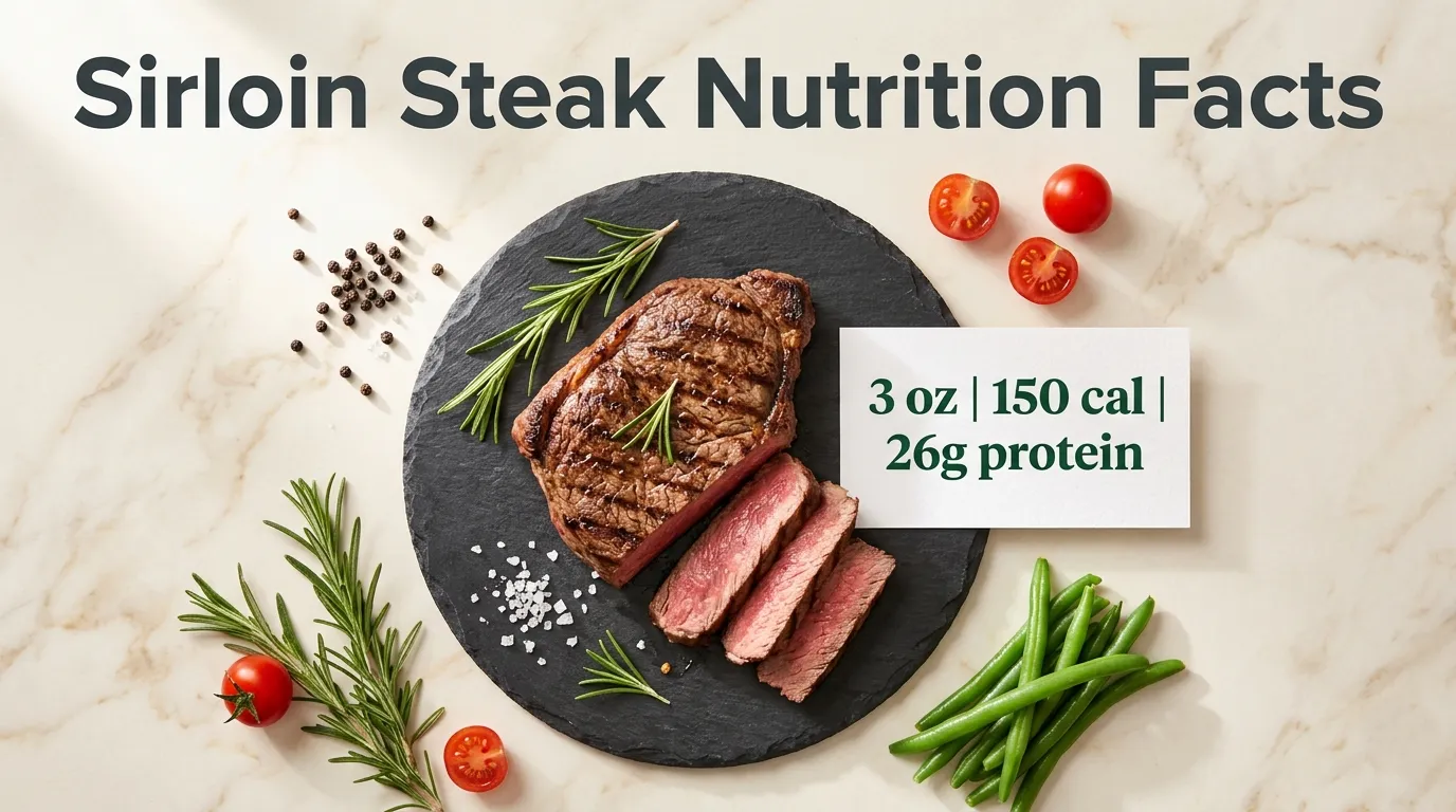 Sirloin steak nutrition facts displayed with grilled 3 ounce portion and macro information card
