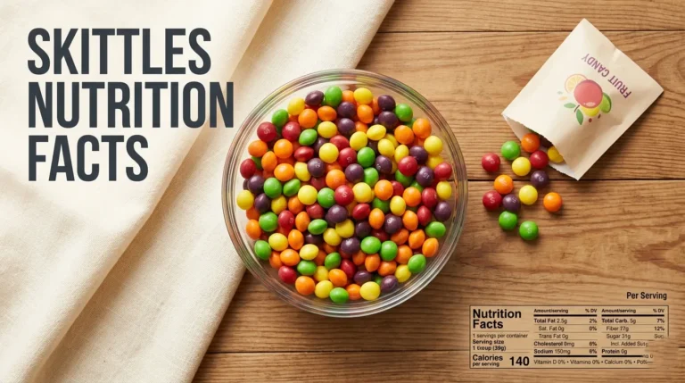Skittles nutrition facts guide showing colorful candies with calorie and sugar information.