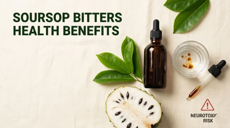 Soursop bitters health benefits guide with bottle leaves and fruit showing research evidence and safety warnings.