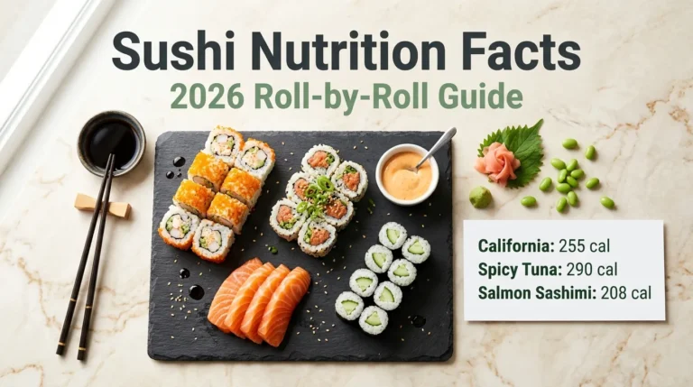 Sushi nutrition facts comparison chart with California roll, spicy tuna roll, and salmon sashimi