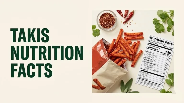 Takis nutrition facts flat-lay showing rolled tortilla chips, chili peppers, and a nutrition label card on a cream background.