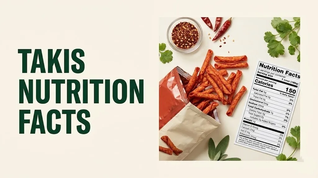 Takis nutrition facts flat-lay showing rolled tortilla chips, chili peppers, and a nutrition label card on a cream background.