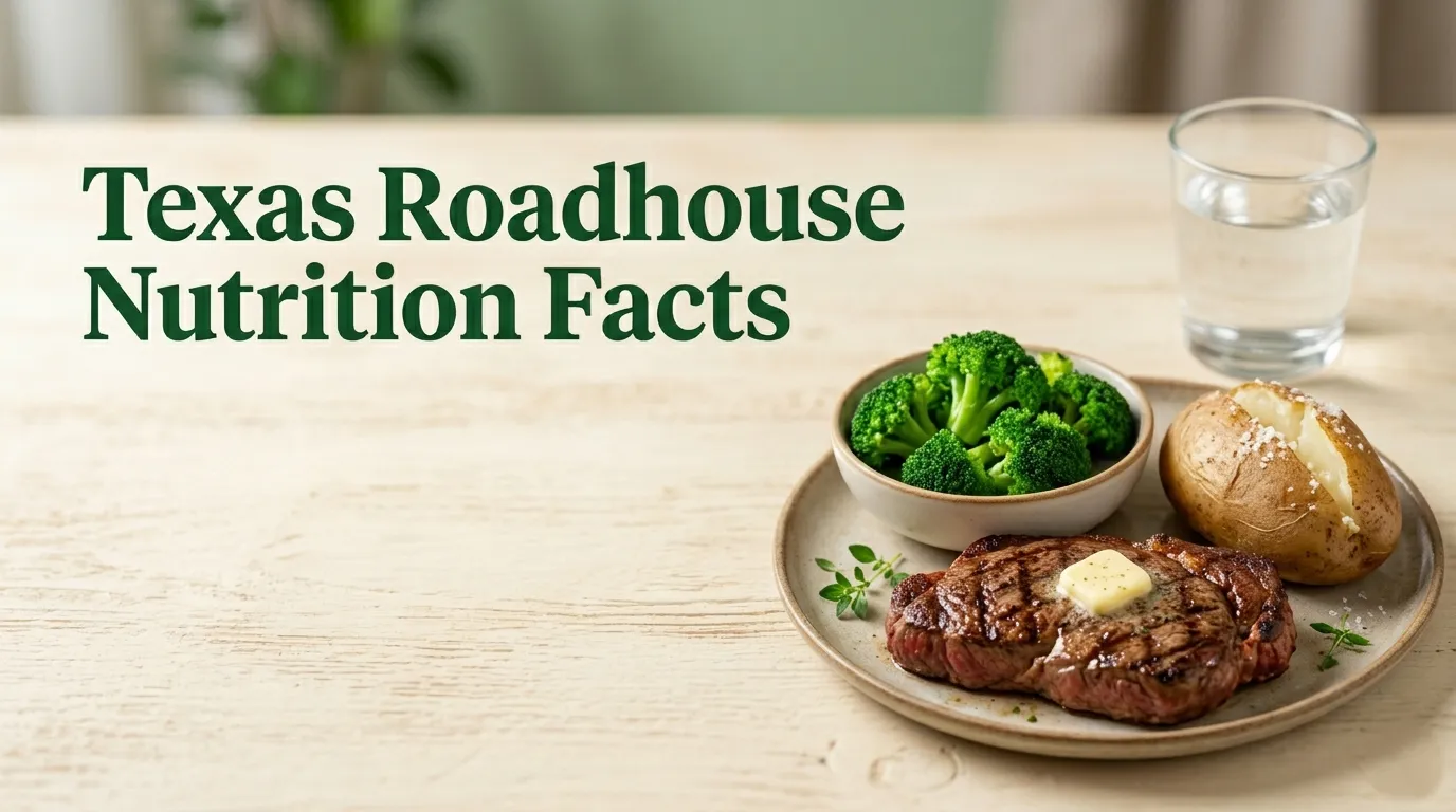 Texas Roadhouse nutrition facts displayed with sirloin steak and steamed broccoli side