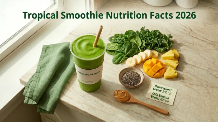 Tropical Smoothie nutrition facts 2026 guide showing Detox Island Green and Chia Banana Boost ingredients