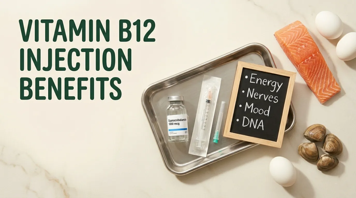 Vitamin B12 injection benefits chart with syringe and natural food sources
