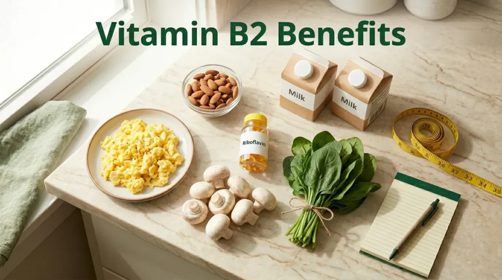 Vitamin B2 benefits guide showing food sources eggs milk almonds and supplements