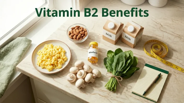 Vitamin B2 benefits guide showing food sources eggs milk almonds and supplements