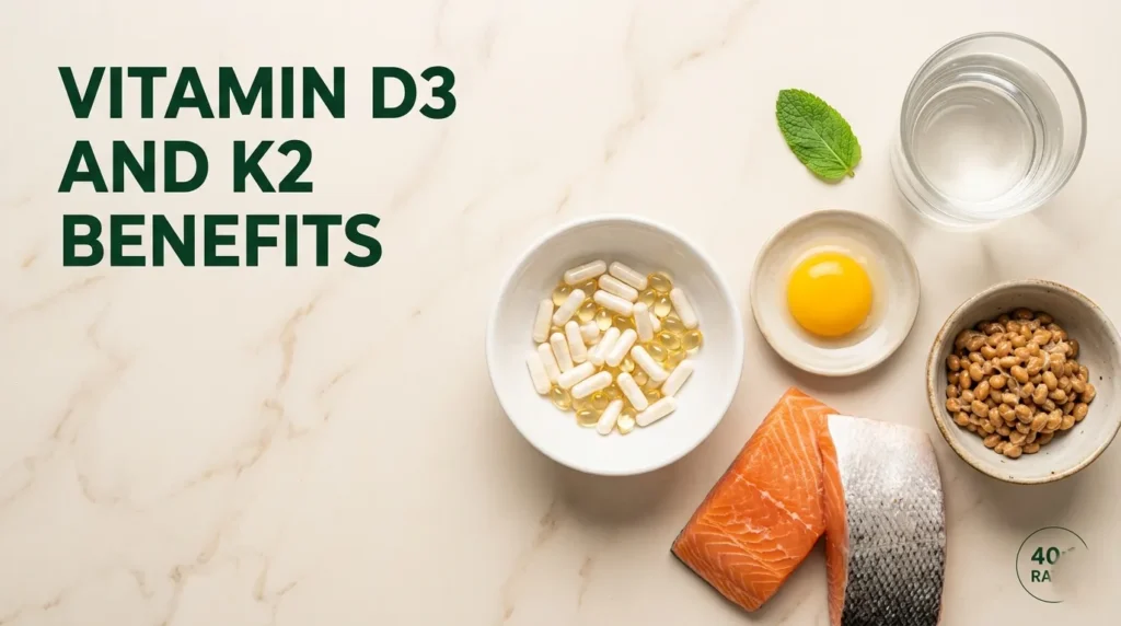 Vitamin D3 and K2 combination benefits guide with supplements and food sources for bone and heart health.