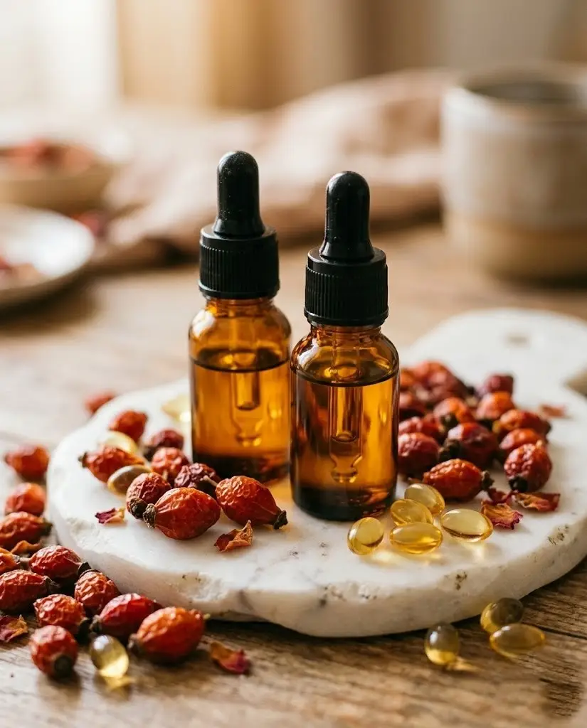 Vitamin E and rosehip oil bottles representing vitamin benefit skincare articles